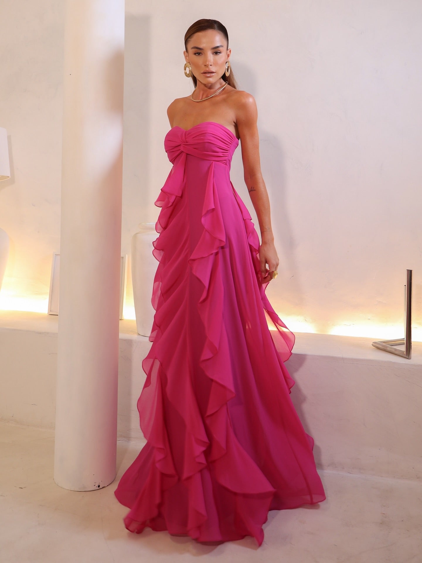 Women’s Pink Strapless Ruffle Gown
